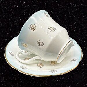 Royal Stuart Sunburst Cup and Saucer Bone China England Spencer Stevenson 3.5”W